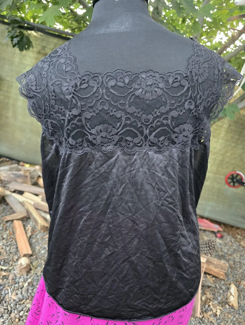 Vtg 80's Black V-Neck Nylon Lace Lingerie Top Dark Romance Old Hollywood Glam